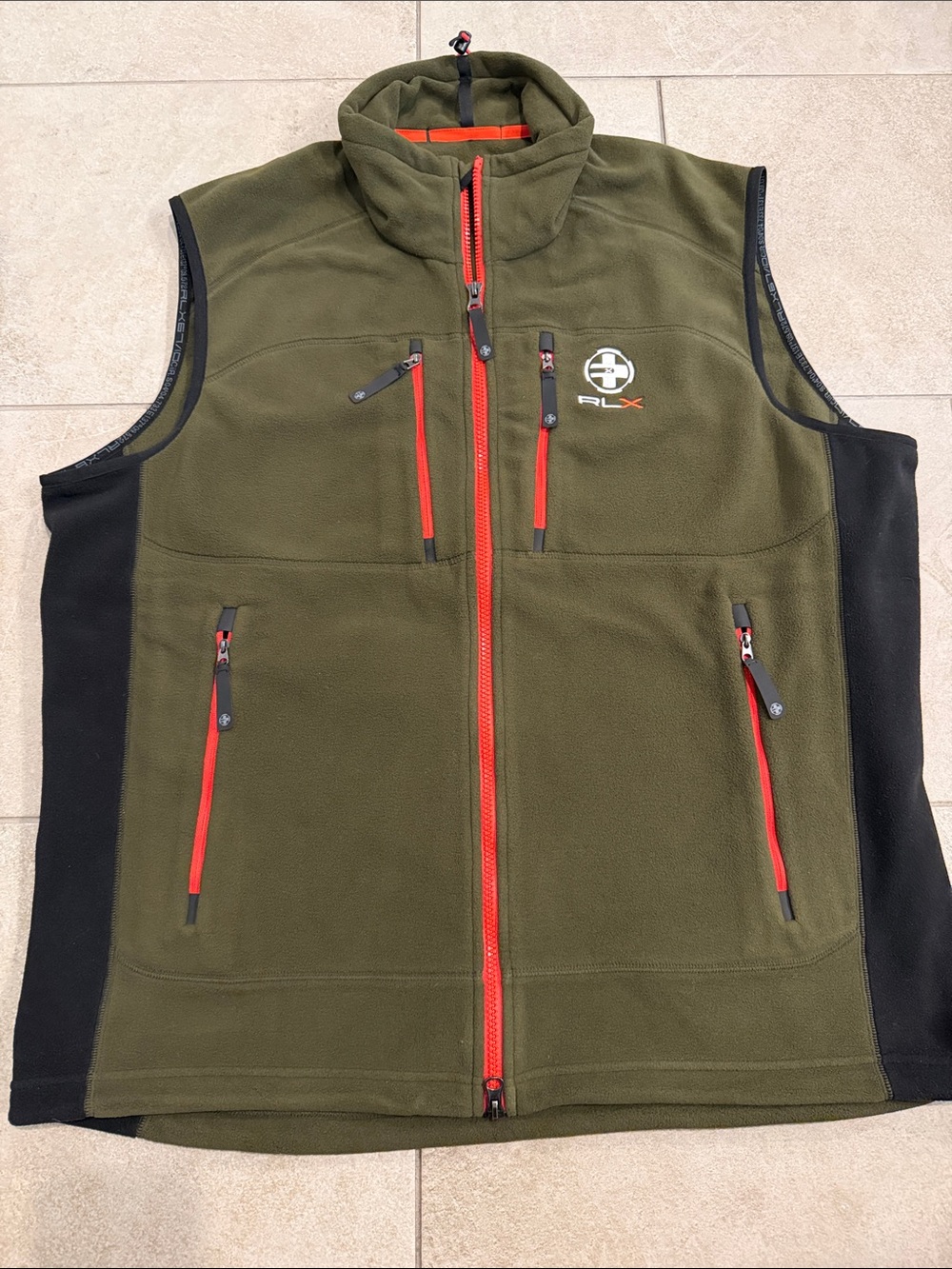 RLX Ralph Lauren Olive Green Fleece Vest with Red Accents